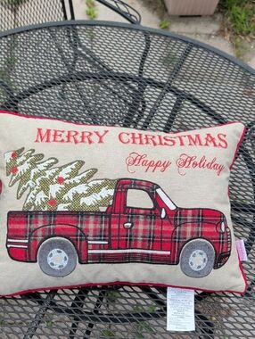 Red Plaid Truck W/ Christmas Tree Holiday Throw Pillow Merry Christmas Embossed